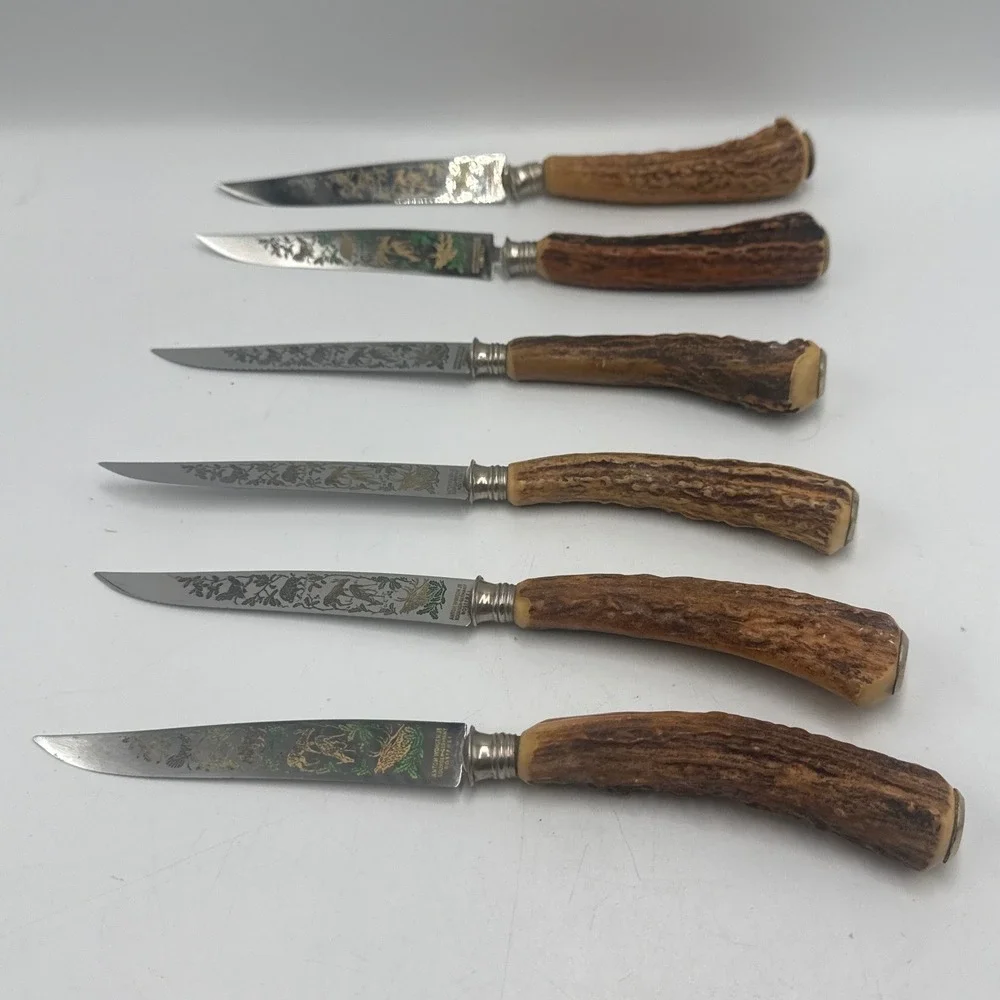 Anton Wingen Jr Solingen Germany‎ Stag Horn Steak Knives Set of 6 Etched Hunting